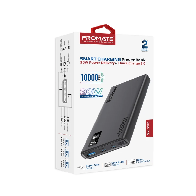 Promate Compact Smart Charging 10000mAh with 20W PD Dual USB-C and 22.5W USB-A Ports Bolt-10PD Black Power Bank