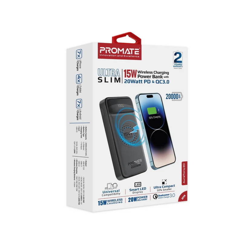 Promate 20000mAh 74Wh 15W Qi Wireless Charger w/20W USB-C AuraTorq-20 White Power Bank