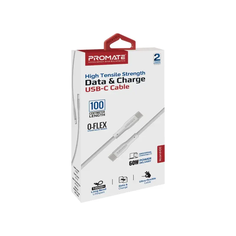 Promate xCord-CC High Tensile Strength Data &Charge USB-C White Cable