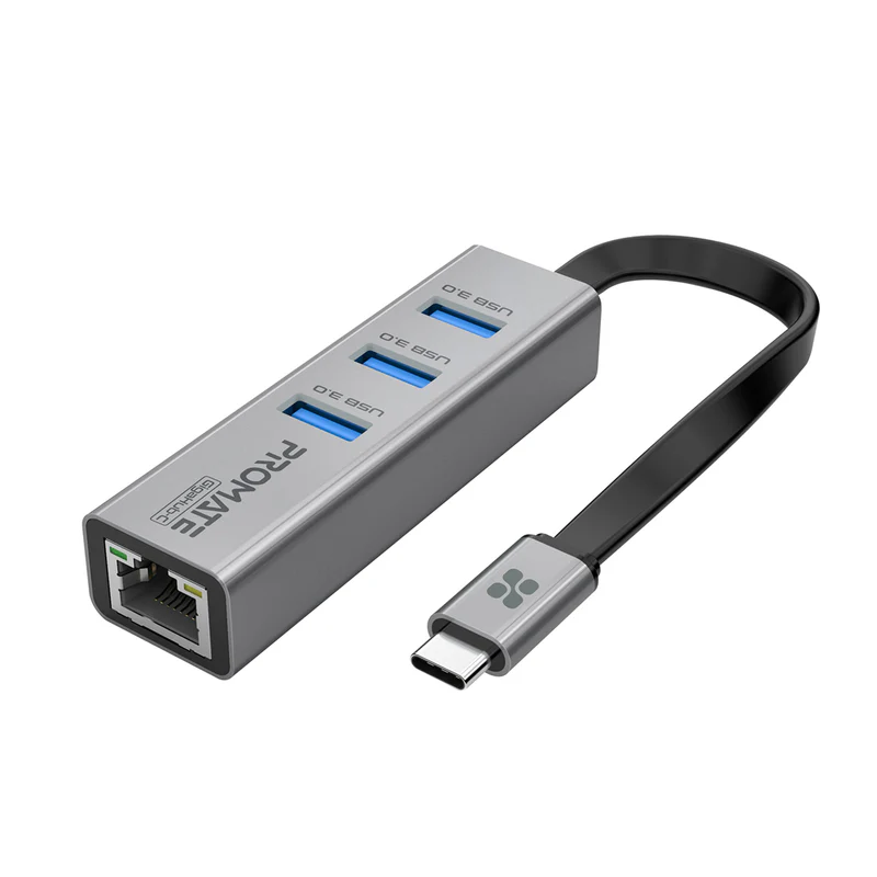Promate GigaHub-C USB-C Hub with 3 USB 3.0 Ports 1000Mbps LAN Port,Hub