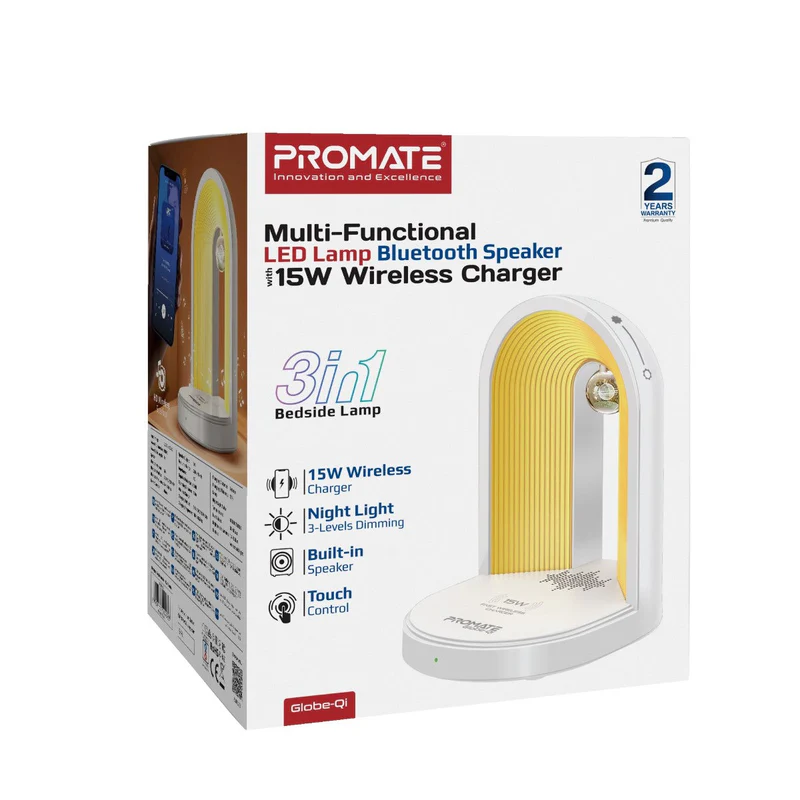 Promate Globe-Qi Multi-Functional LED Lamp Bluetooth Speaker with 15W Wireless Charger