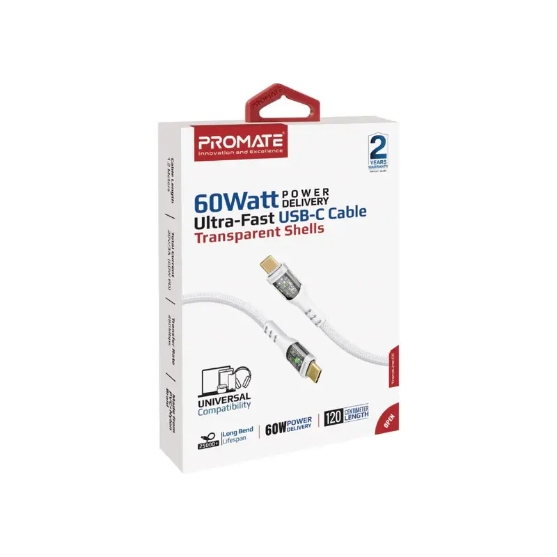 Promate TransLine-CC 60W Power Delivery Ultra-Fast USB-C Pink Cable with Transparent Shells