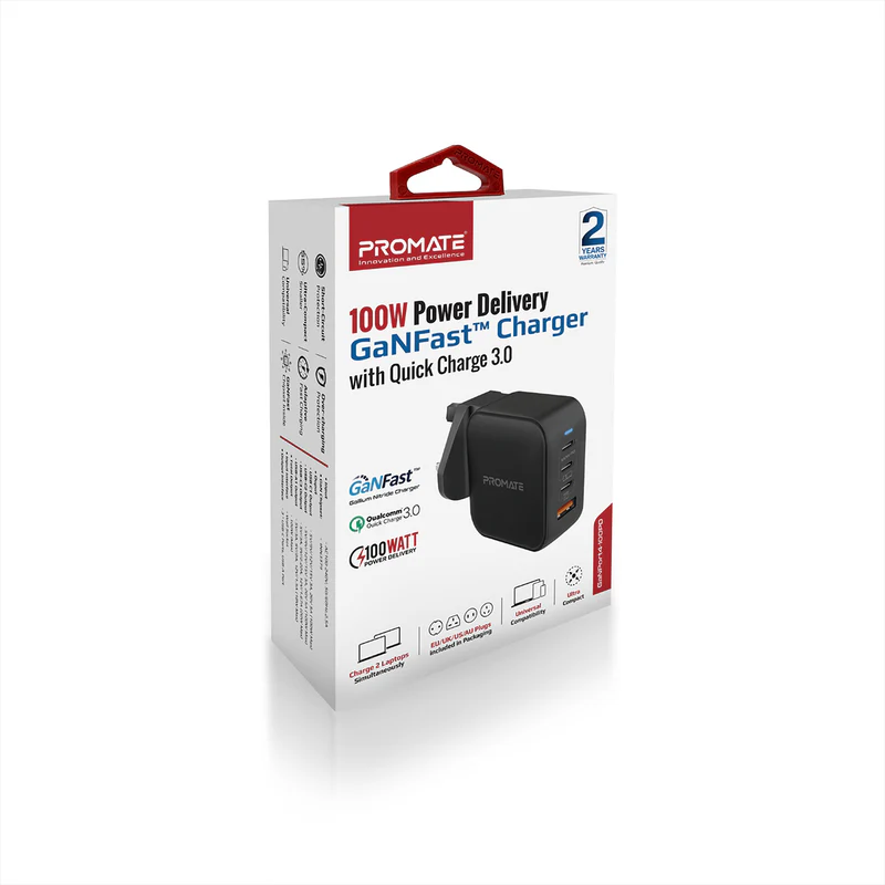 Promate GaNPort4-100PD 100W Power Delivery GaNFast Charger with Quick Charge 3.0