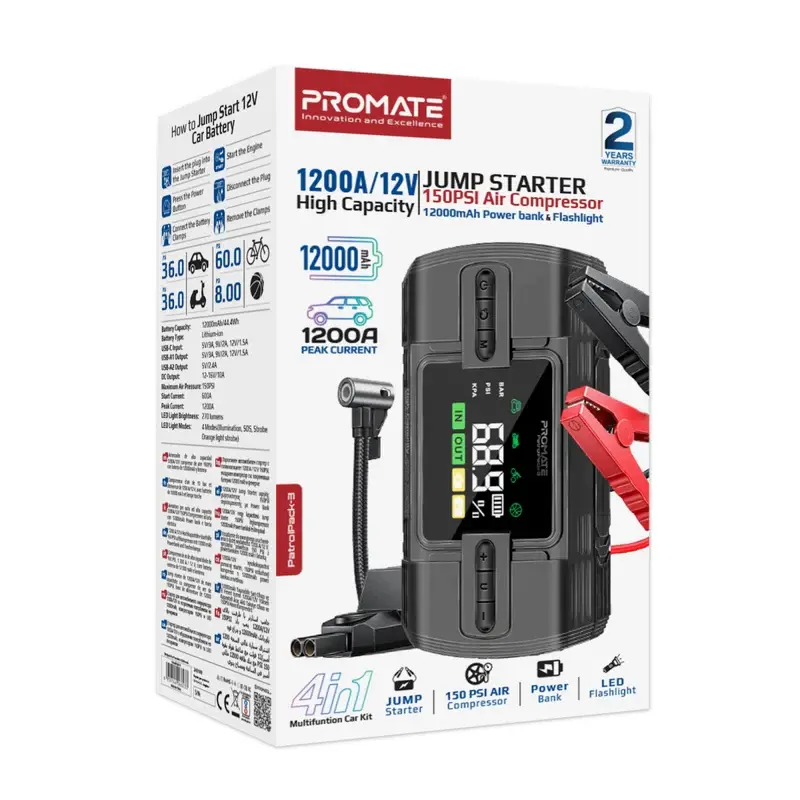 PatrolPack-3 1200A/12V High Capacity Car Jump Starter Power Bank w/ Air Compressor & LED Flashlight  