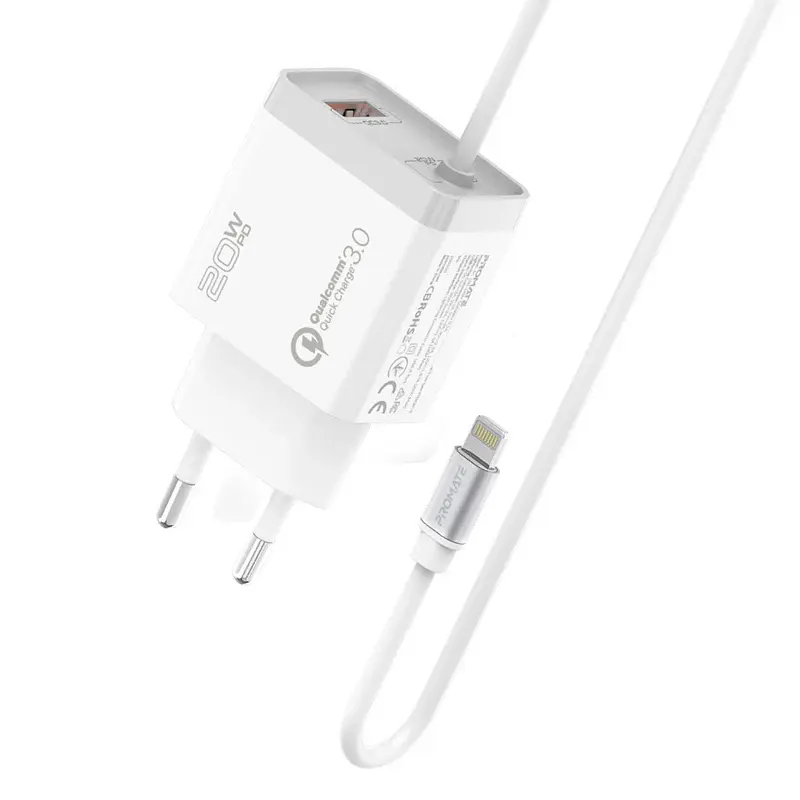 Promate ICHARGE-PDQC3 Quick Charging Wall Charger with Lightning Cable 