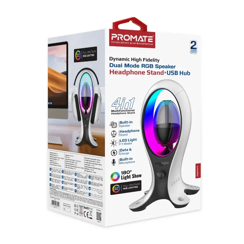 Promate Alpha-X 4in1 Dynamic High Fidelity Dual Mode RGB Speaker w/ Headphone Stand & USB Hub
