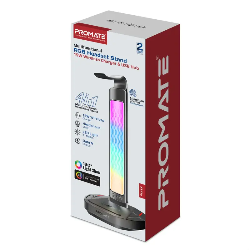 Promate FortX Multifunctional RGB Headset Stand with 15W USB Hub & Wireless Charger