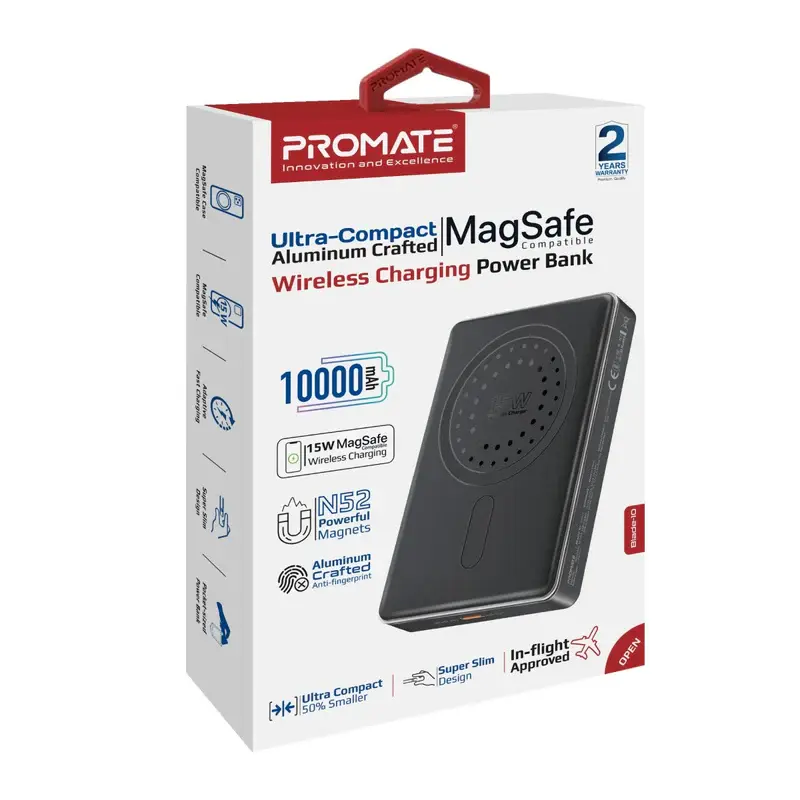 Promate Blade-10 Ultra-Compact Aluminum Crafted MagSafe Compatible Wireless Charging Black PowerBank