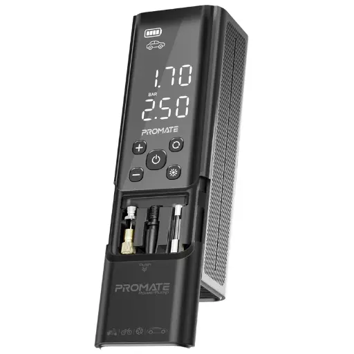 Promate 150PSI 7500mAh Portable Air Compressor w/ LED Flashlight Black PowerPump Black Power Bank