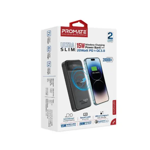 Promate 20000mAh 74Wh 15W Qi Wireless Charger w/20W USB-C AuraTorq-20 White Power Bank