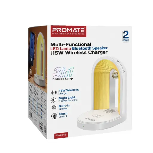 Promate Globe-Qi Multi-Functional LED Lamp Bluetooth Speaker with 15W Wireless Charger