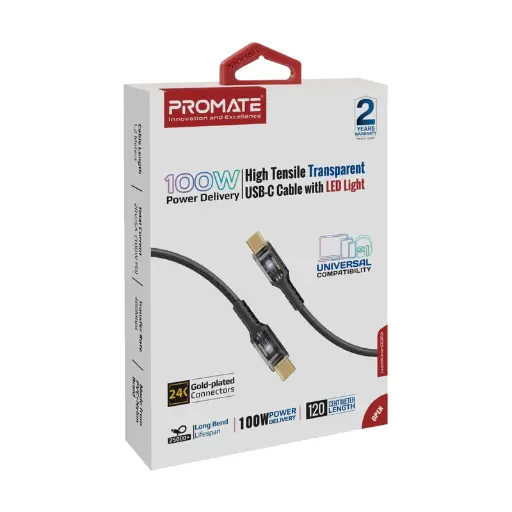 Promate High Tensile Transparent 100W Power Delivery USB-C with LED Light LucidLine-CC120 Cable