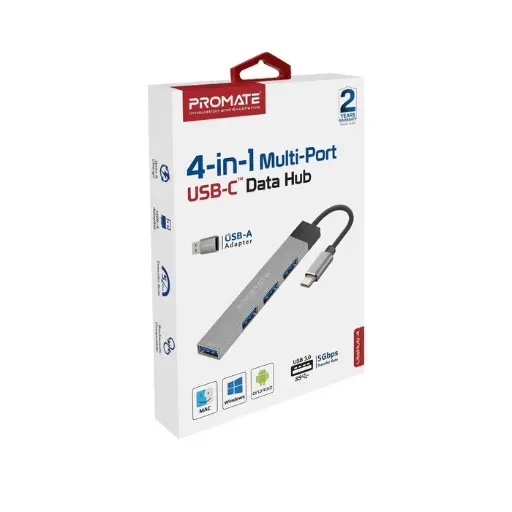 Promate LiteHub-4 USB-C Hub with 4 USB Ports, USB-C to USB-A Adapter Included, Black