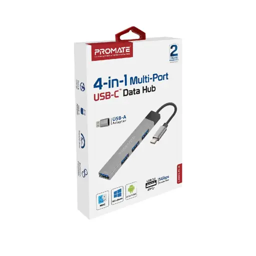 Promate LiteHub-4 USB-C Hub with 4 USB Ports, USB-C to USB-A Adapter Included, Blue