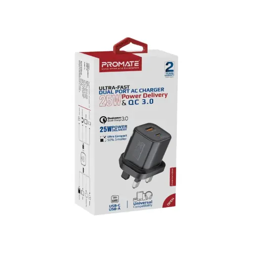 Promate PowerPort-25AC Ultra-Fast Dual Port AC Charger with 25W Power Delivery and QC 3.0 Balck