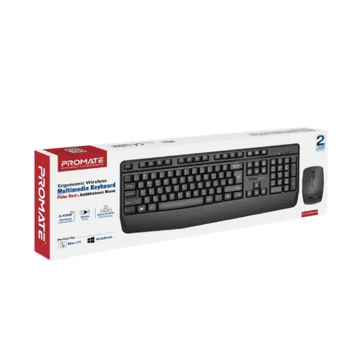 Promate ProCombo-14 Ergonomic Wireless Multimedia Keyboard with Palm Rest and Ambidextrous Mouse
