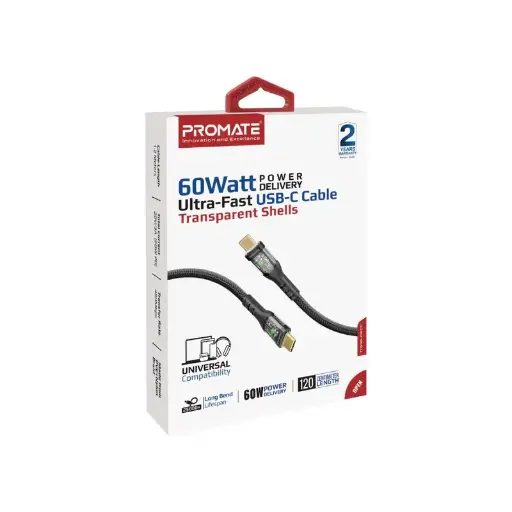 Promate TransLine-CC 60W Power Delivery Ultra-Fast USB-C Black Cable with Transparent Shells