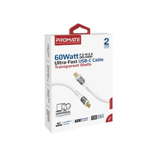 Promate TransLine-CC 60W Power Delivery Ultra-Fast USB-C Pink Cable with Transparent Shells