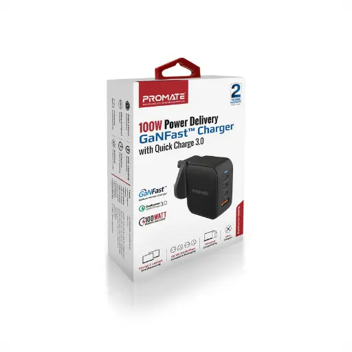 Promate GaNPort4-100PD 100W Power Delivery GaNFast Charger with Quick Charge 3.0
