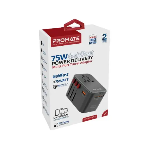 Promate TripMate-GaN75 GaNFast™ Travel Adapter with 75W Power Delivery Triple USB-C & Dual 30W Quick Charge 3.0 