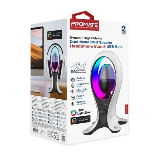 Promate Alpha-X 4in1 Dynamic High Fidelity Dual Mode RGB Speaker w/ Headphone Stand & USB Hub