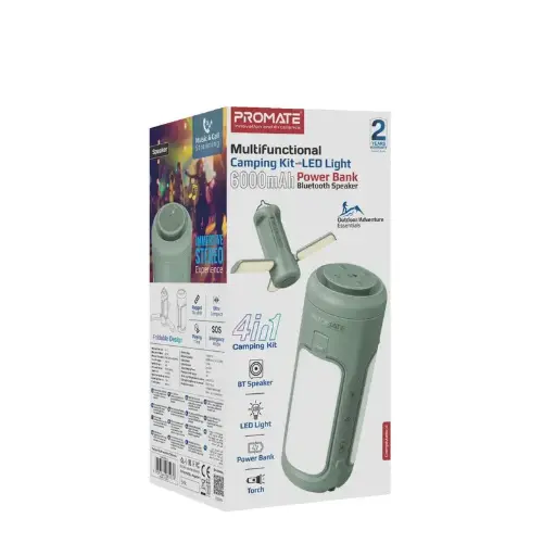 Promate CampMate-4 4in1 Multifunctional Camping Kit with LED Light, Bluetooth Speaker 6000mAh Power Bank