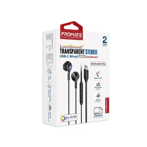 Promate LumiBuds-C LumiSound Transparent Stereo USB-C Wired RGB Black Earphones