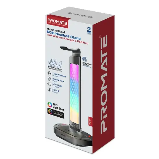 Promate FortX Multifunctional RGB Headset Stand with 15W USB Hub & Wireless Charger