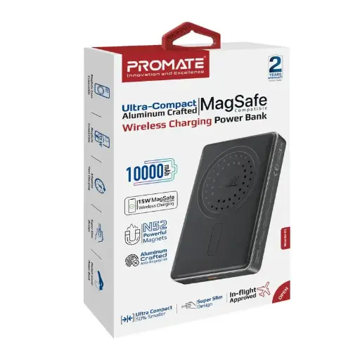 Promate Blade-10 Ultra-Compact Aluminum Crafted MagSafe Compatible Wireless Charging Black PowerBank