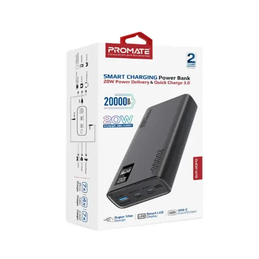Promate Compact Smart Charging 20000mAh with 20W PD Dual USB-C and 22.5W USB-A Ports Bolt-20PD Black Power Bank