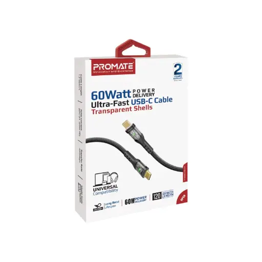 Promate TransLine-CC 60W Power Delivery Ultra-Fast USB-C Navy Cable with Transparent Shells