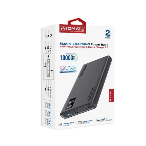 Promate Compact Smart Charging 10000mAh with 20W PD Dual USB-C and 22.5W USB-A Ports Bolt-10PD Black Power Bank